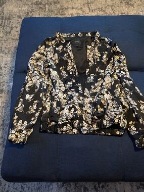 Guess Black Floral Satin Jacket with Cream White Print, Large